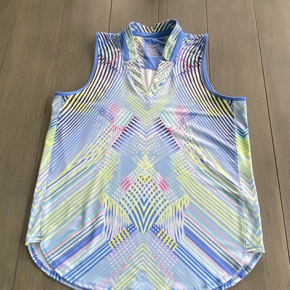 Lucky in Love Sleeveless Athletic Top • Geometric Print • Women’s Small